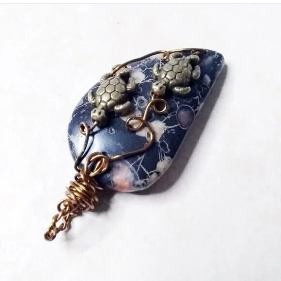 Handmade Turtle Pendant | Unique Plum Jasper Stone | Coastal Grandma |Sea Turtle - Picture 12 of 13
